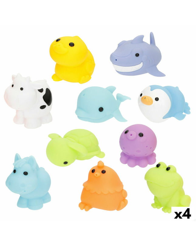 Set of four Winfun bath toys featuring colorful animal shapes, perfect for bath time fun for kids.