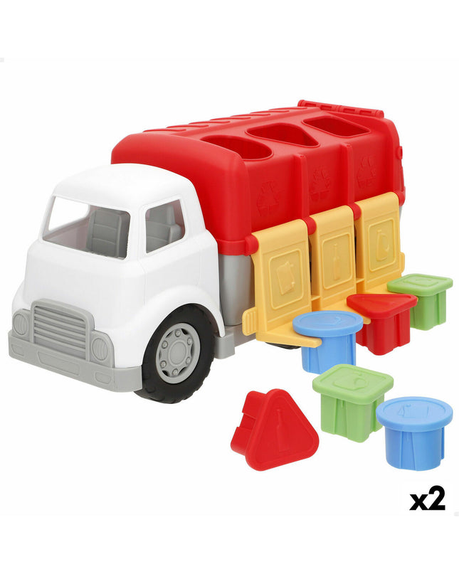 Two PlayGo toy garbage trucks, 34x17x18 cm, colorful plastic vehicles for children, designed for imaginative play and fun.