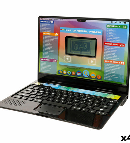 Set of four Winfun electronic toy laptops, 26x21x20 cm, colorful play gadgets for kids, designed for interactive fun and learning.