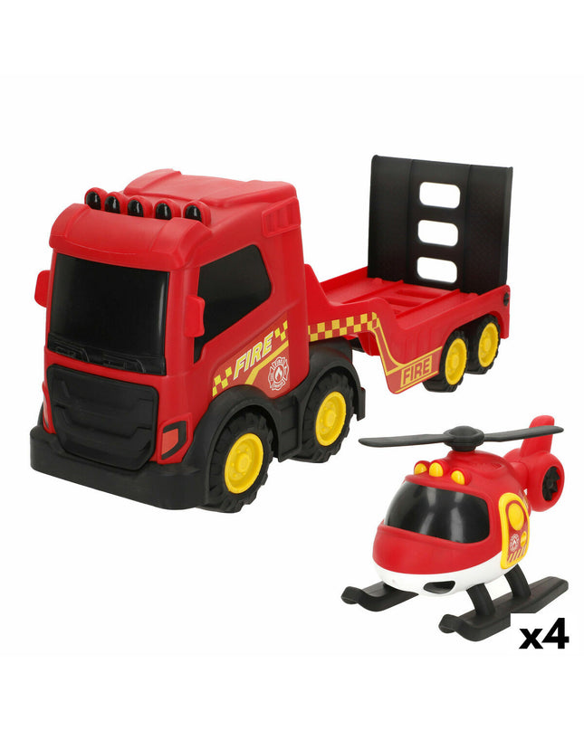 Set of four Teamsterz toy fire trucks, colorful miniature emergency vehicles measuring 49x18x13 cm for kids’ play.