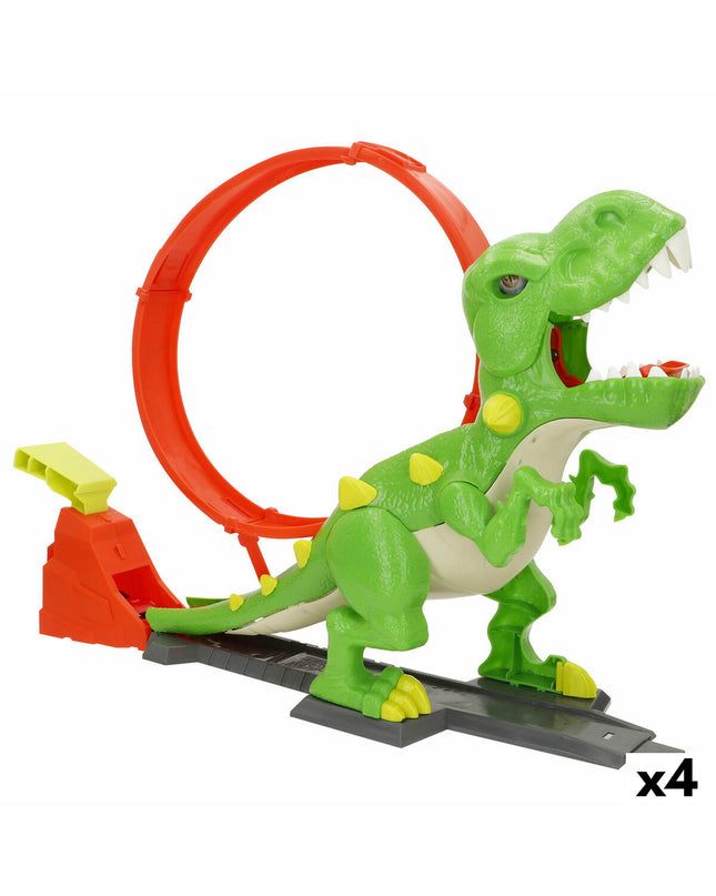 Set of four Teamsterz toy vehicles, race track playset, colorful plastic cars, 58x35x13 cm size for kids' racing fun.