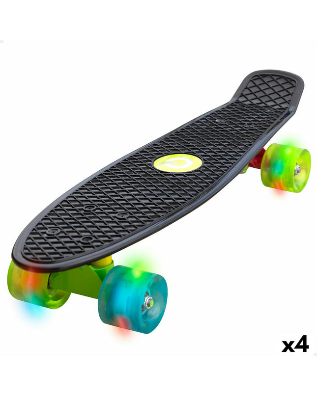 Set of four EVO skateboards for kids, featuring colorful decks perfect for outdoor play and skateboarding fun.