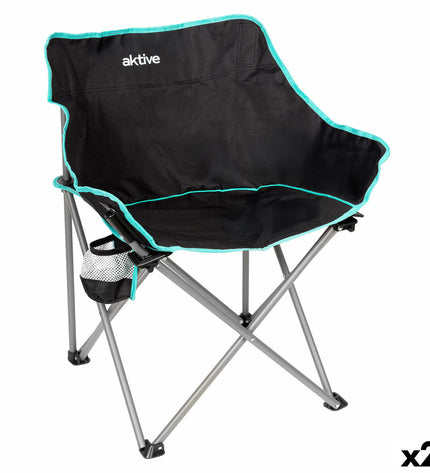 Pair of Aktive foldable outdoor chairs in black, 50x74x47 cm, lightweight and portable for camping and hiking activities.