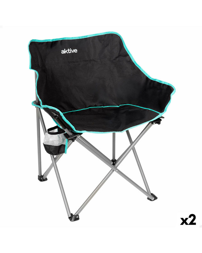 Pair of Aktive foldable outdoor chairs in black, 50x74x47 cm, lightweight and portable for camping and hiking activities.