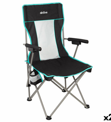 Pair of Aktive foldable outdoor chairs, lightweight camping and hiking seats in black with metal frames, compact and portable design