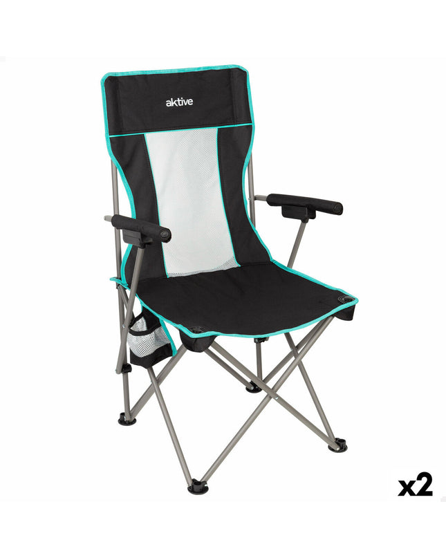 Pair of Aktive foldable outdoor chairs, lightweight camping and hiking seats in black with metal frames, compact and portable design