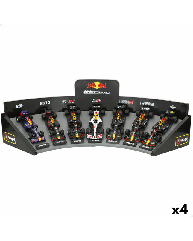 Set of four Red Bull Raceauto BURAGO toy vehicles, detailed miniature race cars for children and collectors.
