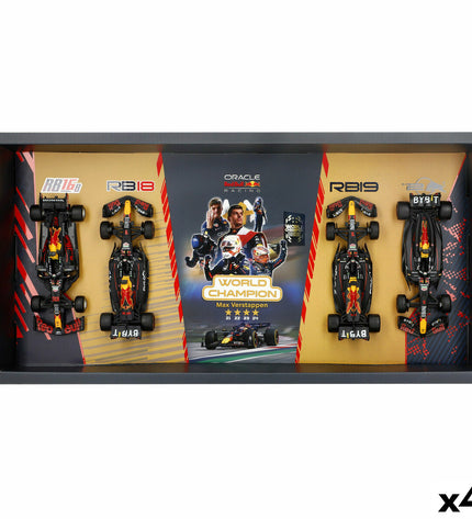 Set of four Red Bull BURAGO toy vehicles, featuring detailed miniature cars from the Raceauto Red Bull collection.