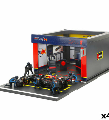 Red Bull Raceauto BURAGO toy set with four red and black miniature race cars on a white background.