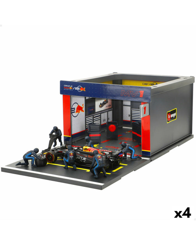 Red Bull Raceauto BURAGO toy set with four red and black miniature race cars on a white background.