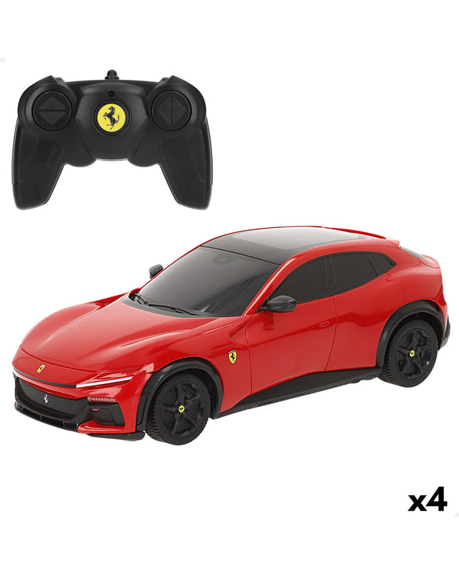 Four Ferrari remote control toy cars, PUROSANGUE model, 1:24 scale, with detailed exterior, sized 20 x 6 x 9 cm each.