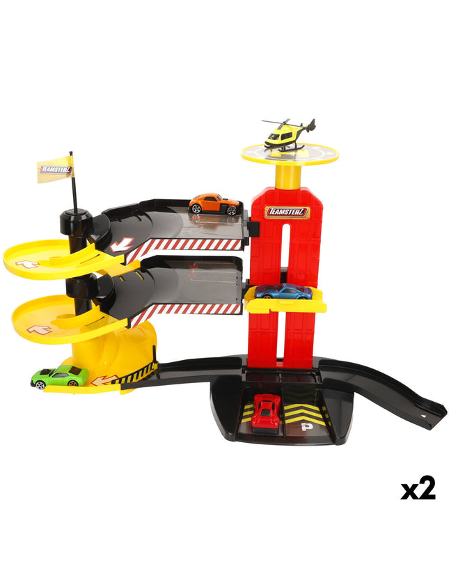 Toy parking garage with vehicles, BigBuy Kids, 53x30x24 cm, set of 2, featuring miniature cars and building structure.