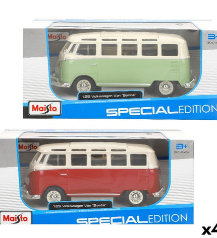 Set of four Volkswagen toy buses, colorful miniature vehicle toys from the Volkswagen brand, perfect for play and collection.