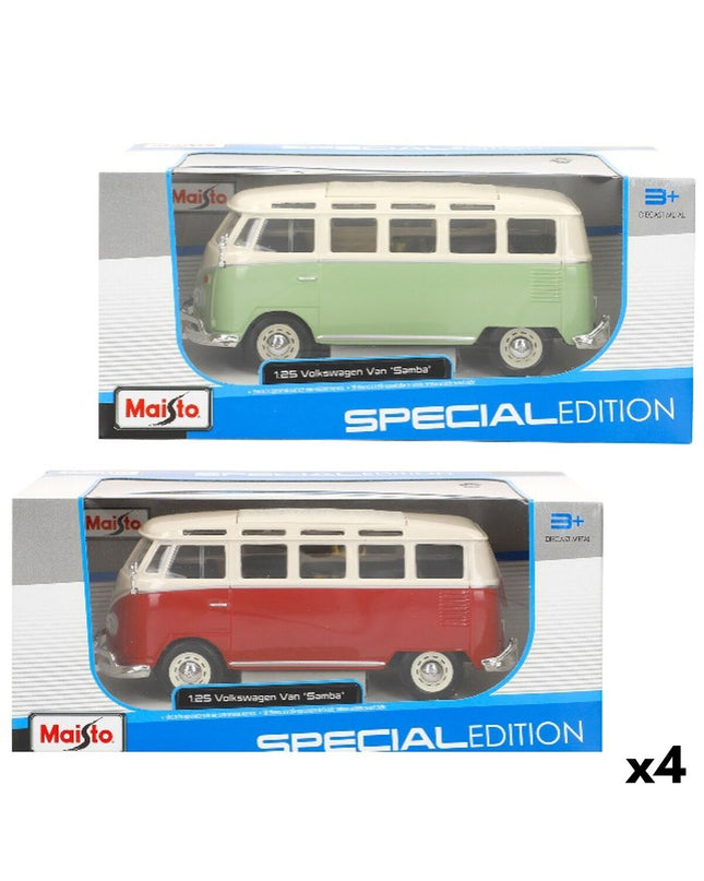 Set of four Volkswagen toy buses, colorful miniature vehicle toys from the Volkswagen brand, perfect for play and collection.