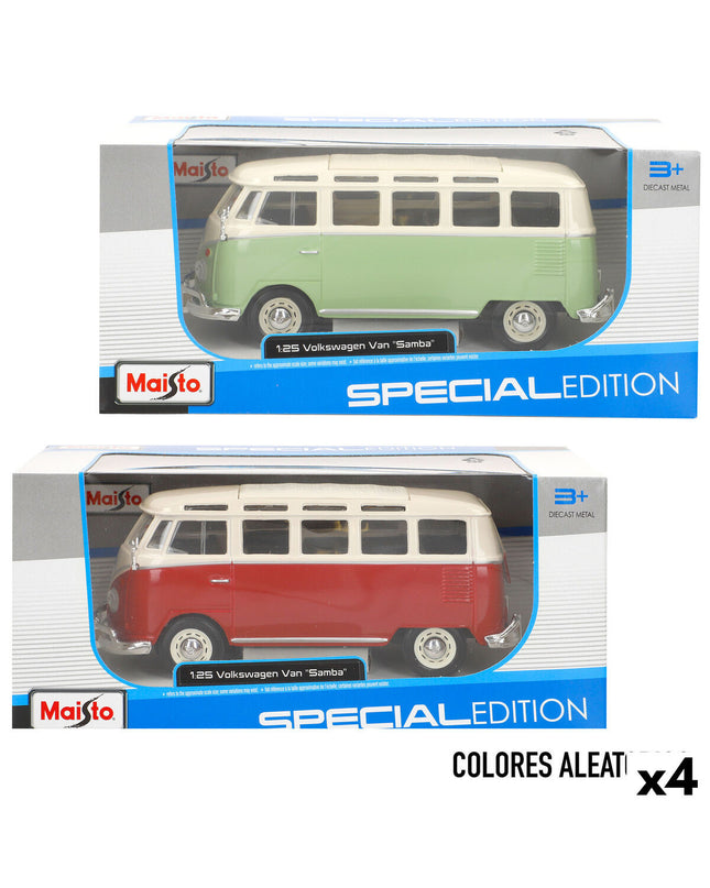 Set of four Volkswagen toy buses, colorful miniature vehicles from the Volkswagen play and game vehicle collection.
