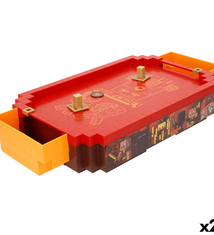 Minecraft hockey table set with two small game accessories, featuring colorful graphics and compact size for fun play.