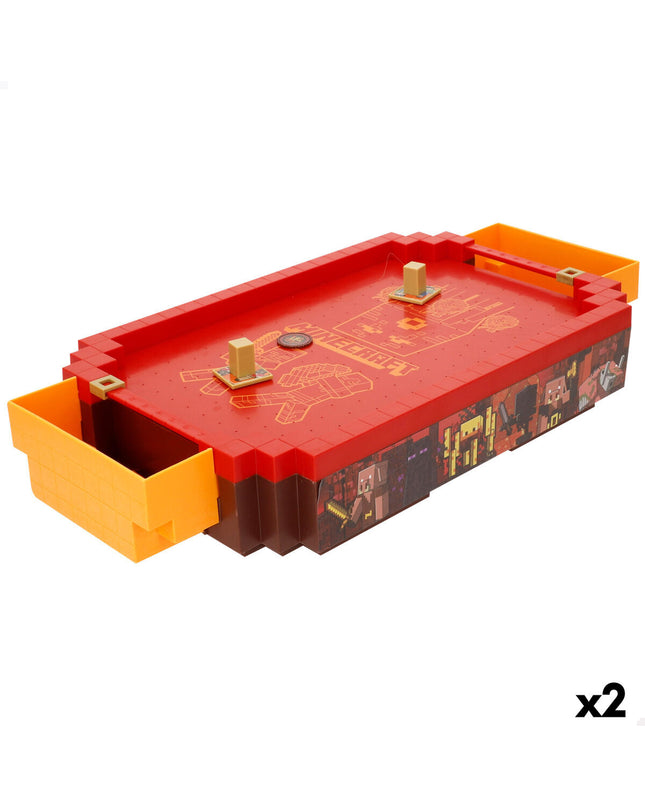 Minecraft hockey table set with two small game accessories, featuring colorful graphics and compact size for fun play.