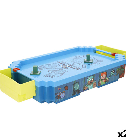 Minecraft hockey table set with two small game boards in green and gray, featuring pixelated Minecraft-themed design.