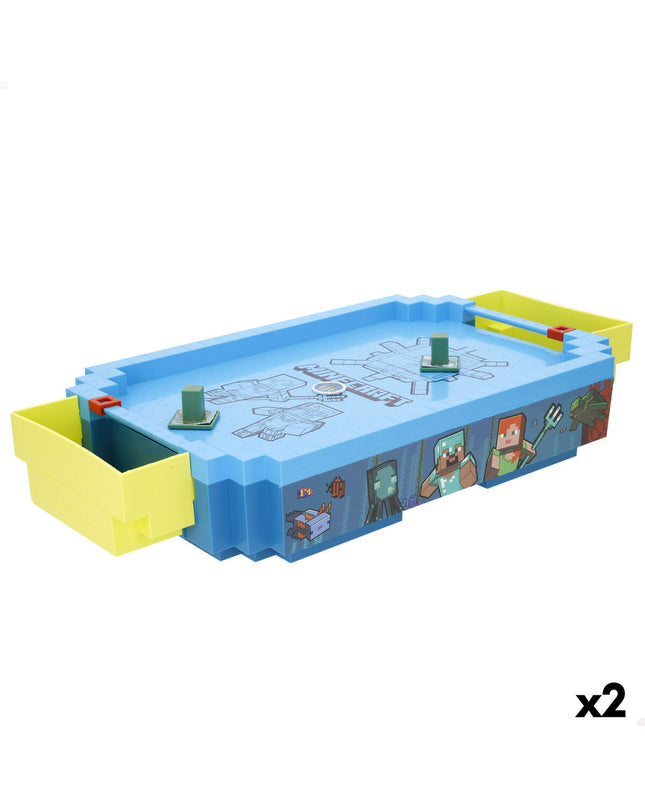Minecraft hockey table set with two small game boards in green and gray, featuring pixelated Minecraft-themed design.