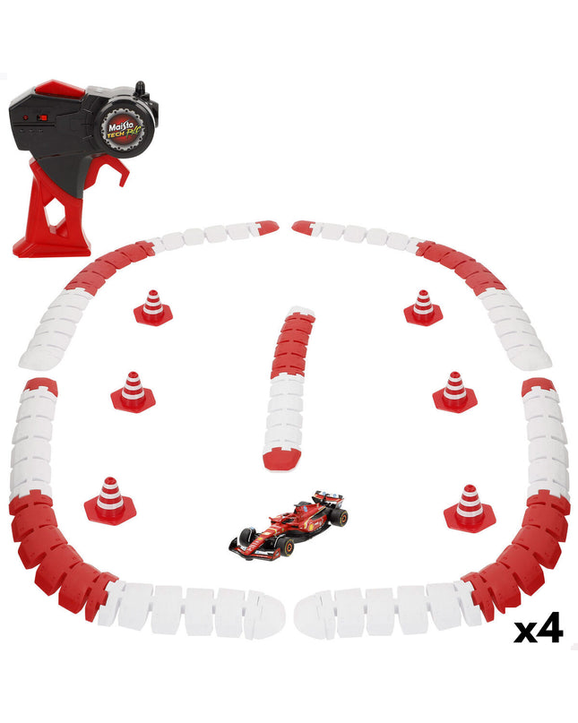 Set of four remote-controlled Audi F1 2024 Ferrari SF-24 toy vehicles in black and red, ideal for children’s play and racing fun.