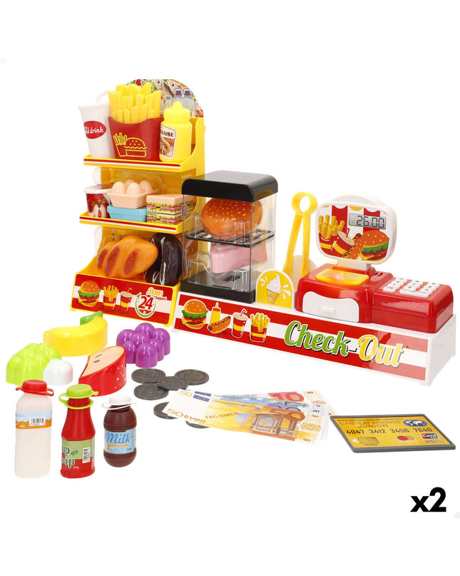 Colorbaby play supermarket set with two colorful toy shopping baskets, ideal for imaginative role-playing and pretend shopping.