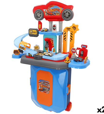 Pair of Speed & Go portable garage playsets, 47x66x24 cm, designed for toy cars and action figures, colorful and detailed.