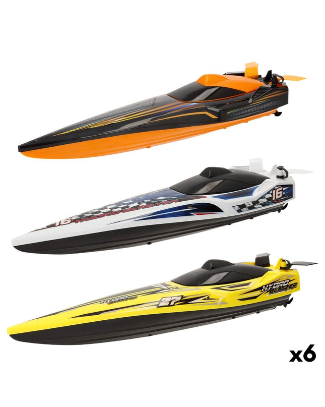 Six Maisto remote-controlled toy boats with colorful designs, perfect for play and water fun, shown on a plain background.