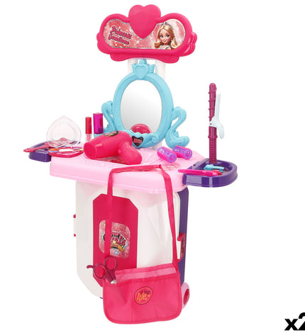 Colorbaby toy dressing tables set with two pink and purple pretend makeup stations, measuring 44x67x23 cm, for imaginative play.