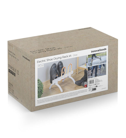 InnovaGoods electric shoe rack with 40W capacity, holding two pairs of shoes for organized home storage.